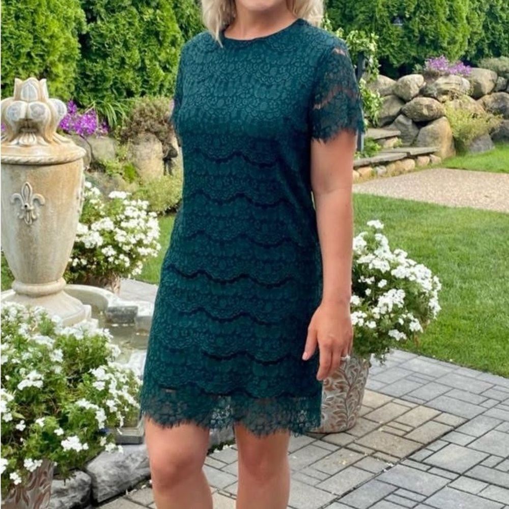 Kensie Scallop Dark Teal Blue/Green Lace Sheath Mini Dress Size 10